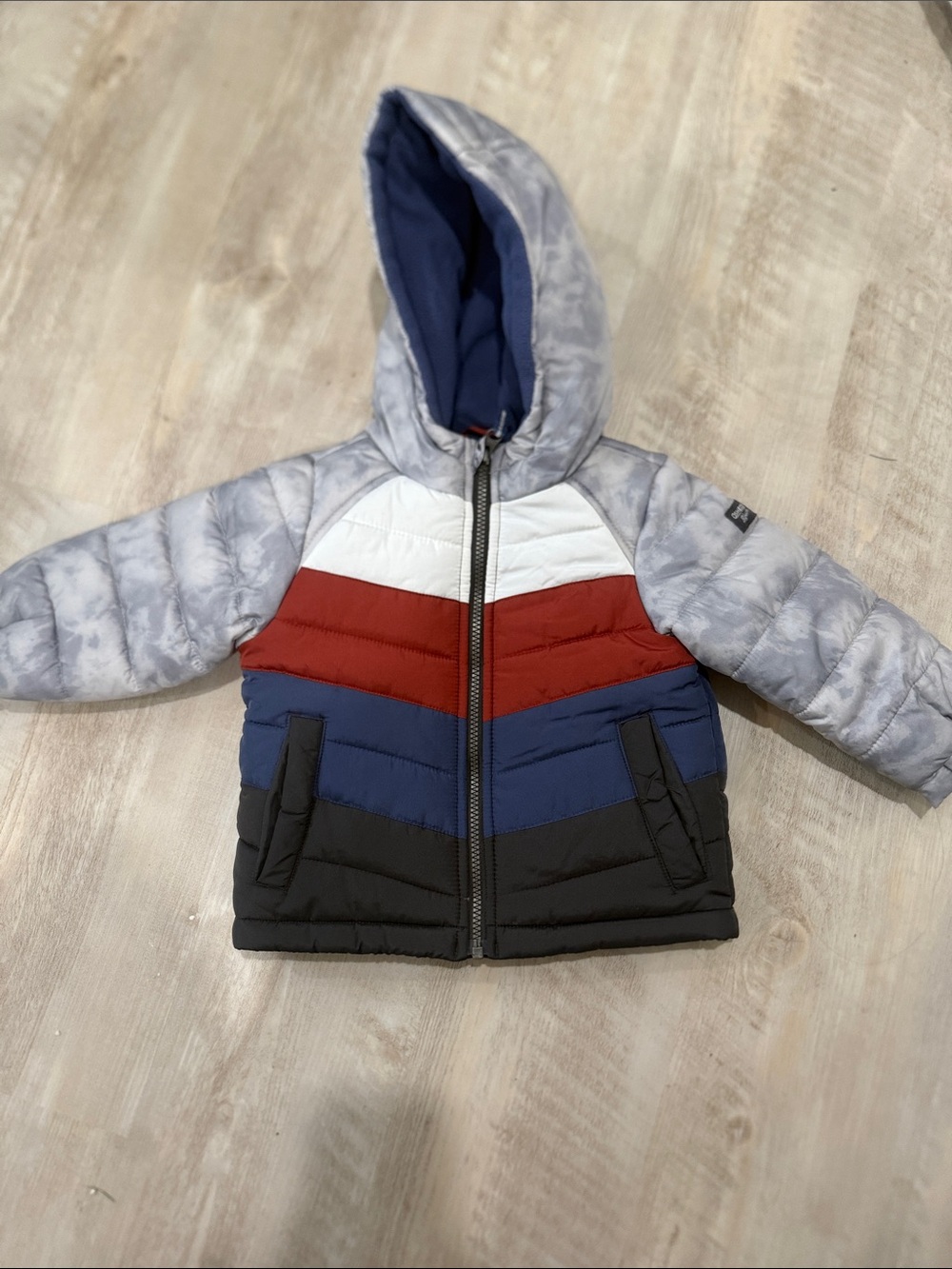 OshKosh B'gosh Colorblock Puffer Jacket in Gray, White, Red, Blue, Black